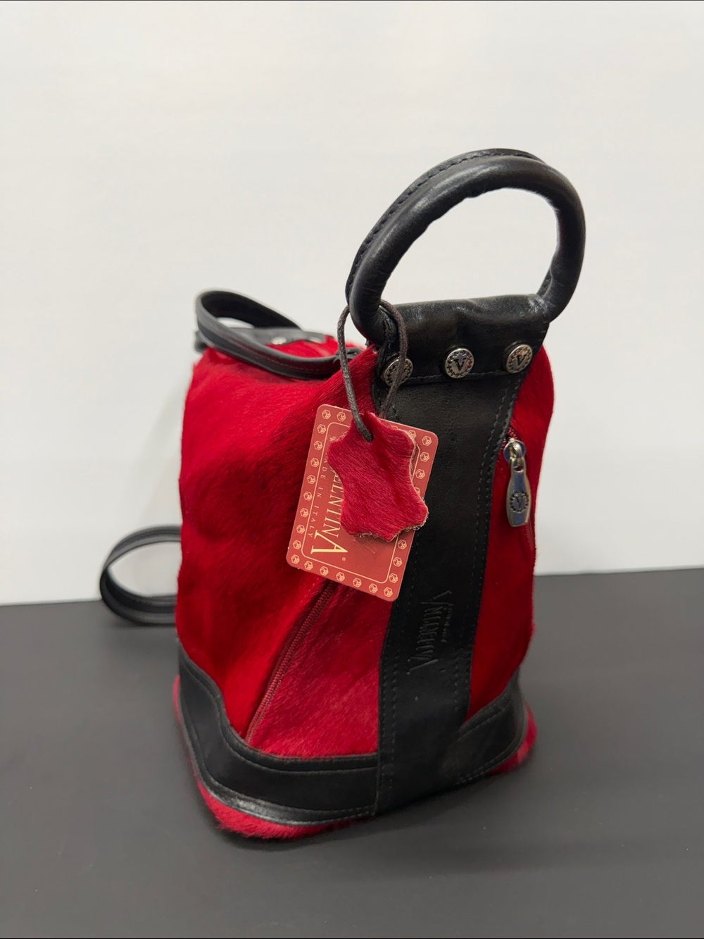 Vintage Valentina Made in Italy Red Hair-On Hide & Black Leather Handbag Purse